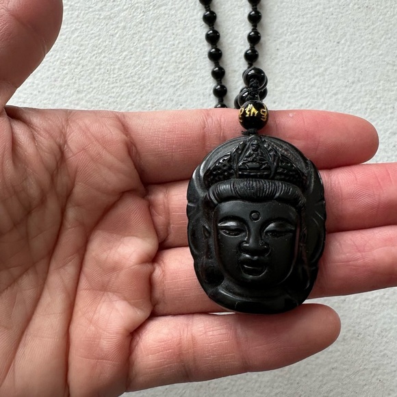 BLACK BEADED CARVED BUDDHA NECKLACE Pendant Necklace Meditation Gemstone - Picture 2 of 7